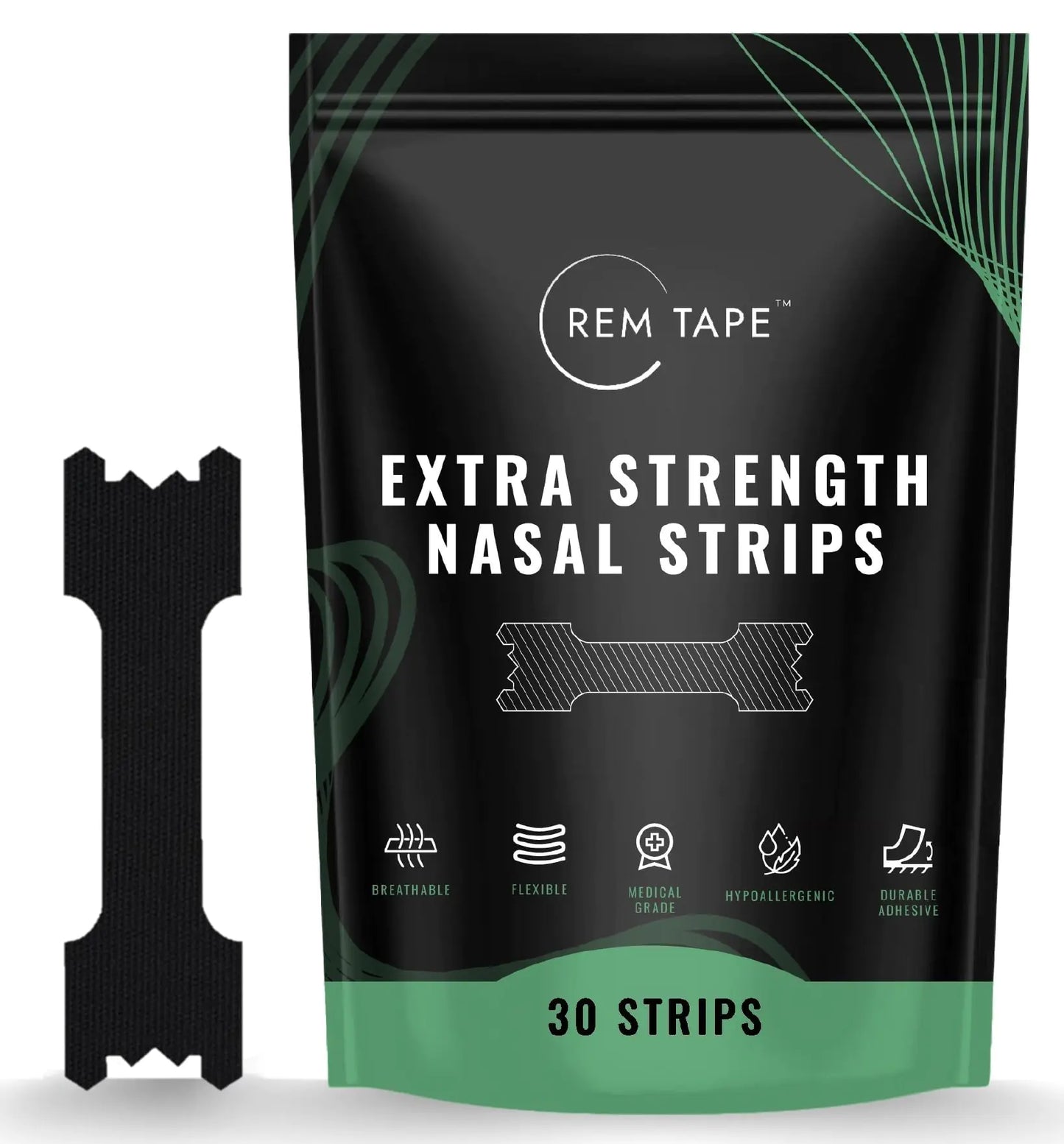 REM Tape™ Extra Strength Nasal Strips (30 Pack). Congestion and Snoring Relief. Dual Spring Flex Technology. Soft Medical Grade Fabric. Skin Friendly Hypoallergenic Adhesive. One Month Supply! Black
