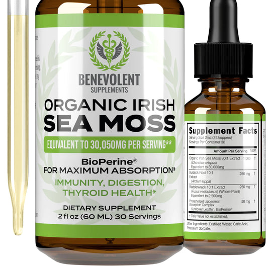 Irish Sea Moss Drops 2oz - Irish Sea Moss Organic Burdock Root Bladderwrack & BioPerine [Ultra Strength] 30000mg Sea Moss Liquid Drops for Immune Support Thyroid Gut Skin & Joint Health