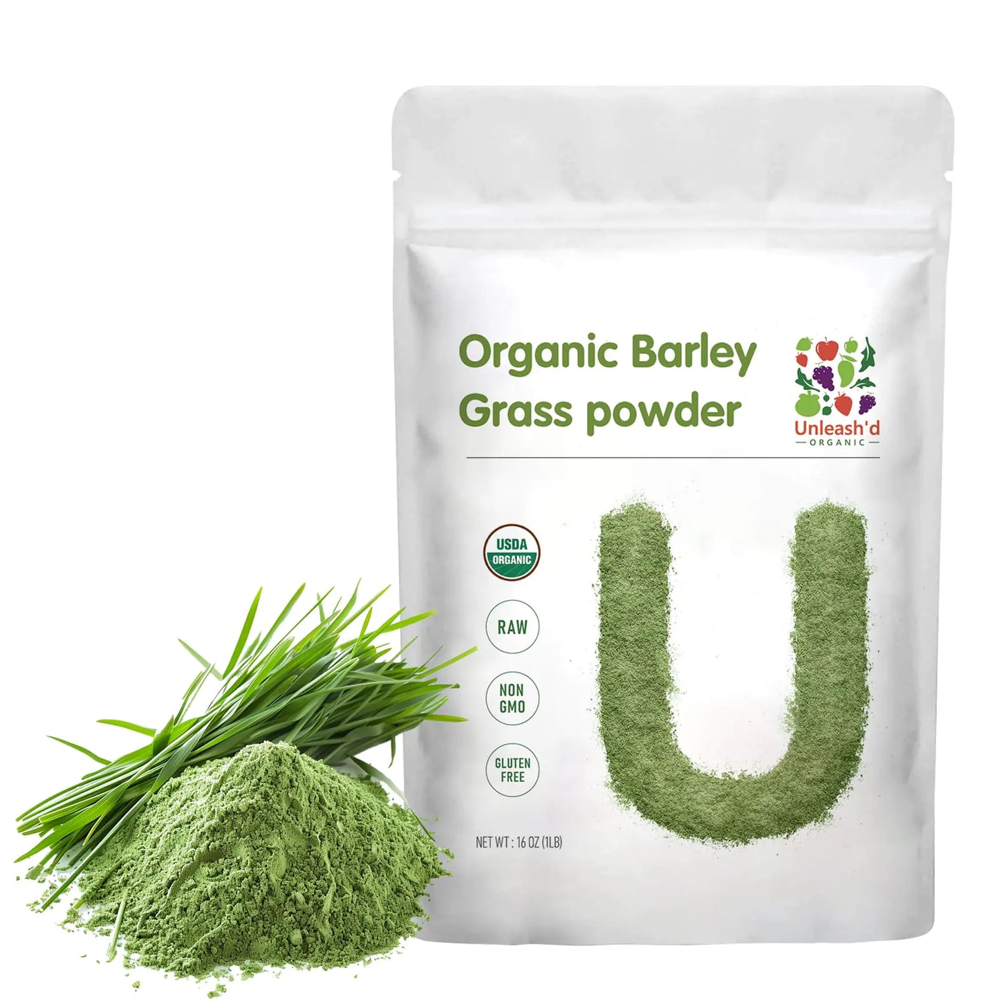 UNLEASHD ORGANIC Barley Grass Powder 1 Pound 100% Pure & Organic Superfood Greens Rich in Vitamins Minerals Fibers and Antioxidants