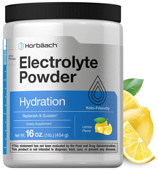 Horbäach Electrolytes Powder | 16 oz | 130 Servings | Hydration Supplement | Vegetarian | Keto-Friendly | Non-GMO Gluten Free Formula | Lemon Flavor