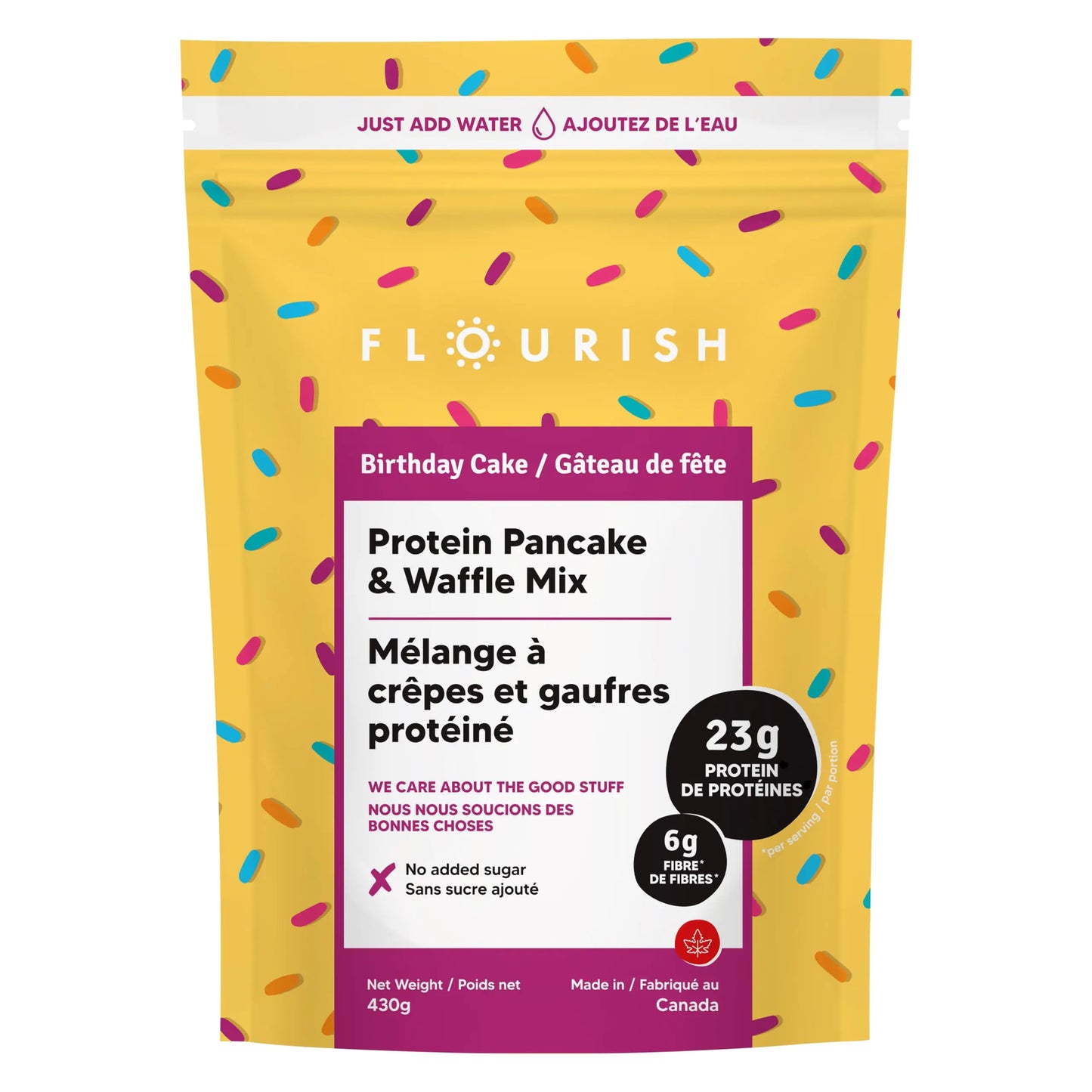 Flourish - Protein Pancake & Waffle Mix Whey Protein Isolate & Flax Seed Non-GMO No Added Sugar Superfood High Protein & Fiber Just Add Water - Birthday Cake 16oz