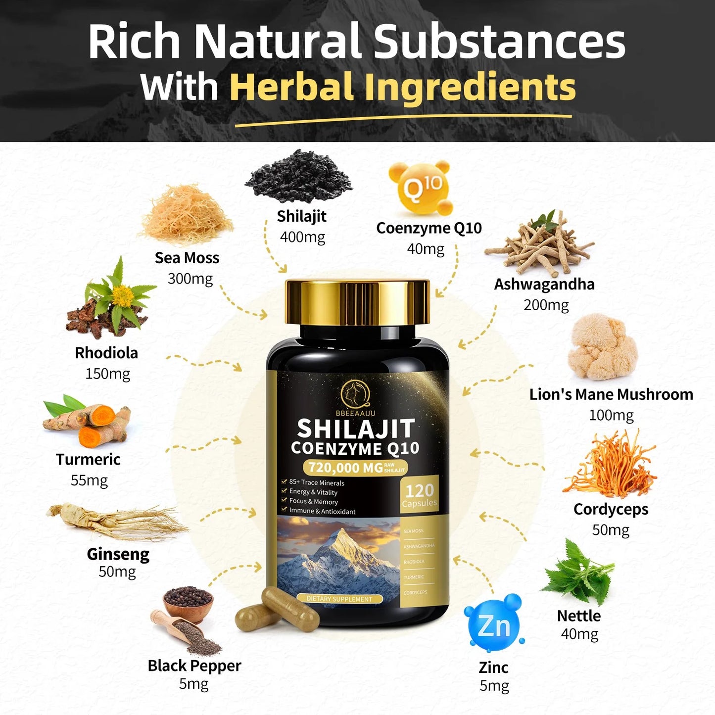 Shilajit Capsules with Sea Moss & Ashwagandha for Men & Women12 in 1 Himalayan Shilajit Supplements with Coenzyme Q10 Fulvic Acid & Humic Acid Lions Mane Energy & Immune Support  120 Count