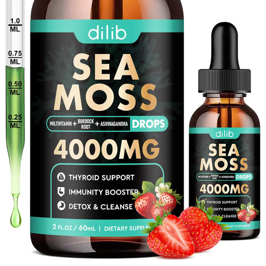 Irish Sea Moss Liquid Drops: Organic Sea Moss Supplement with Elderberry Black Seed Oil Turmeric Quercetin - Detox Cleanse & Thyroid Immune Joint Skin Support for Women & Men - Strawberry Flavor