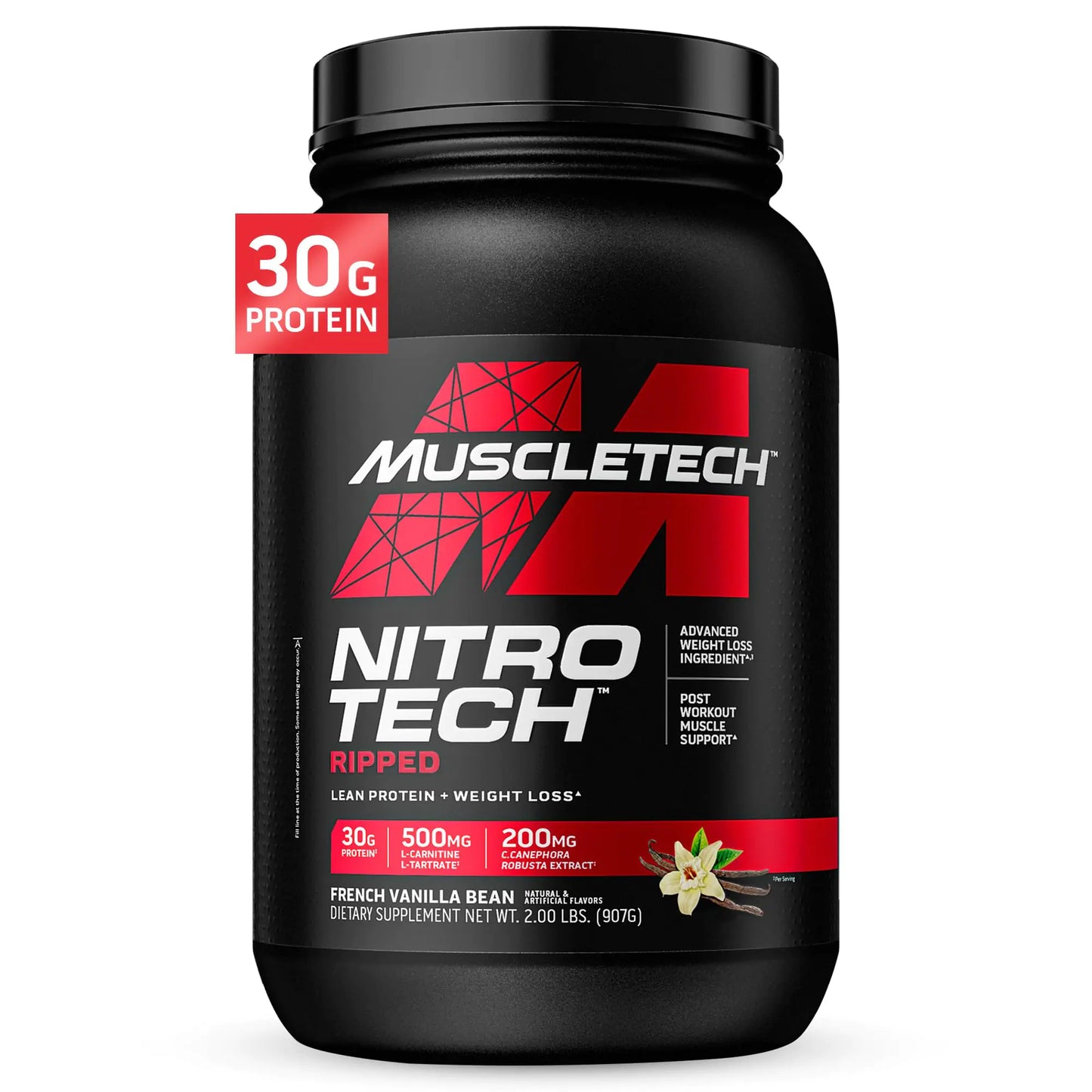 Muscletech Whey Protein Powder (French Vanilla Bean 2LB) - Nitro-Tech Ripped Whey Protein Isolate & Peptides Smoothie Mix for Lean Muscle & Fast Recovery - 30g of Whey Protein for Women & Men